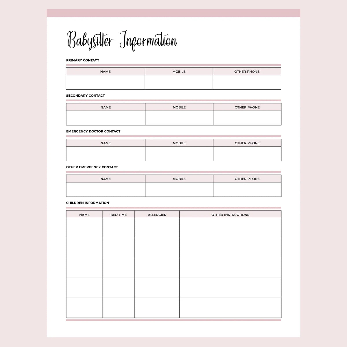 Baby Sitter Information Page | A4 & US Letter Sizes | Instant Download Printable – Plan Print Land for Free Printable Babysitter Information Sheet