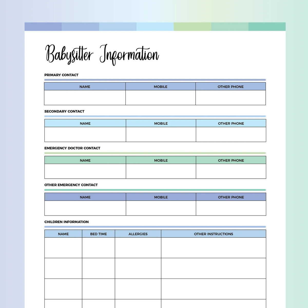 Babysitter Information Sheet Template A4 & US Letter Sizes Instant