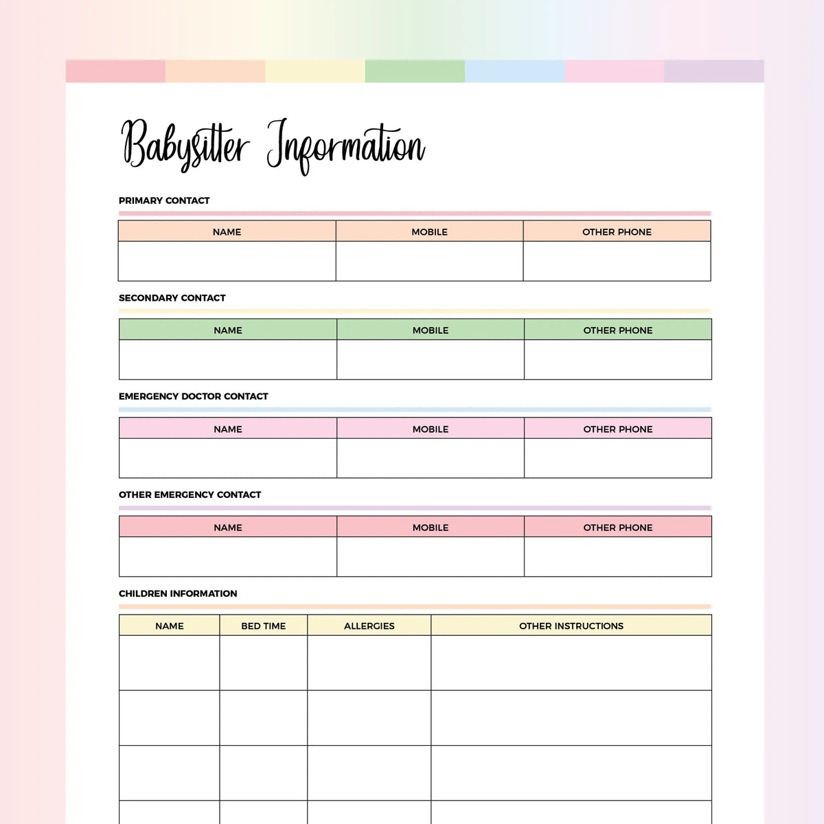 Babysitter Information Sheet Template A4 & US Letter Sizes Instant Babysitter Information Sheet Template A4 & US Letter Sizes Instant