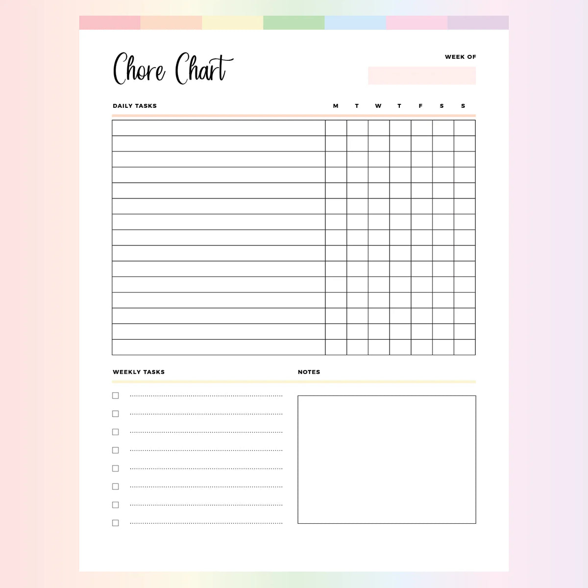 Weekly kids chore chart editable, Fillable pdf, A4, Letter.