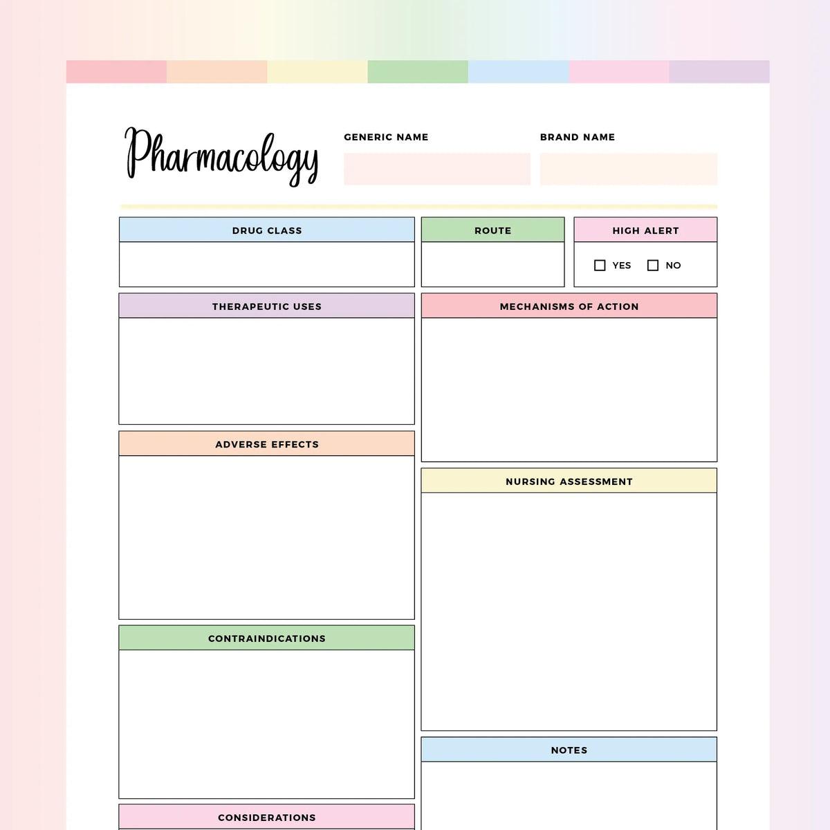 Pharmacology Template Printable Instant Download PDF A4 and US