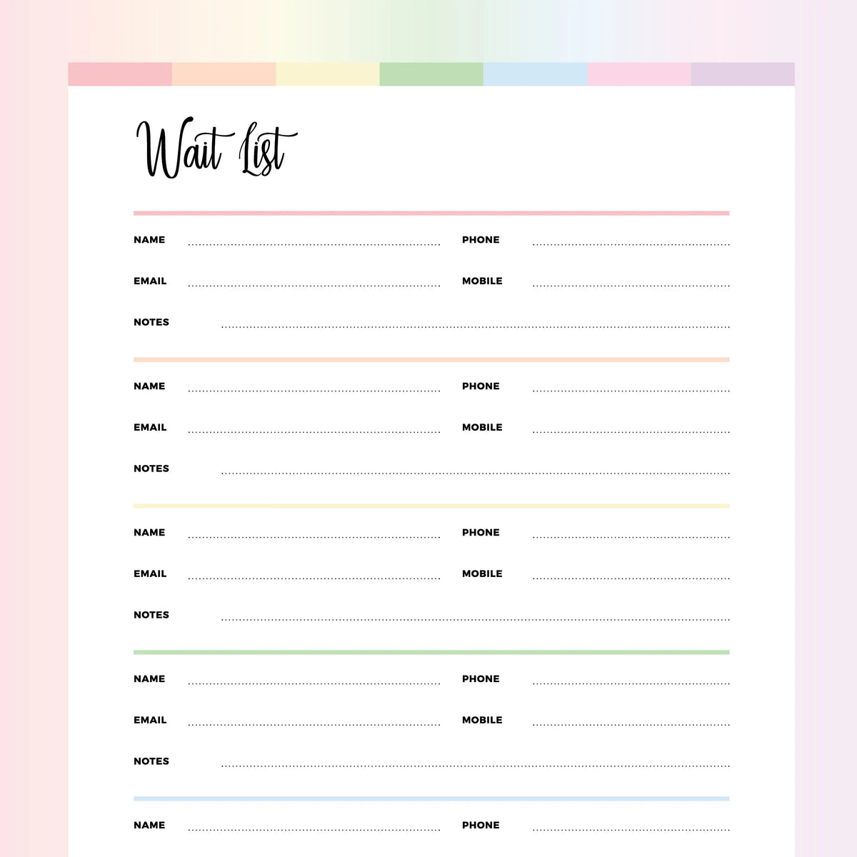 Printable Waiting List Template A4 & US Letter Sizes Instant