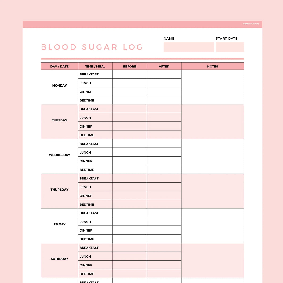 Blood Sugar Tracker Editable | Instant Download Fillable PDF | A4 and US Letter – Plan Print Land for Blood Sugar Log Sheet Printable Free