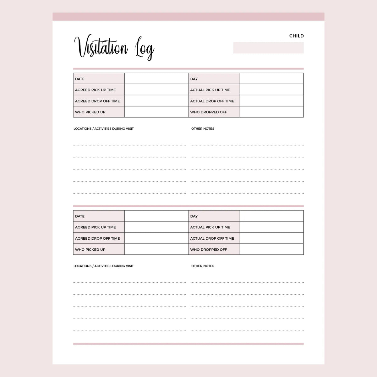 Co-Parenting Visitation Log and Planner Printable | Instant Download PDF | A4 and US Letter – Plan Print Land for Free Printable Well Child Visit Template