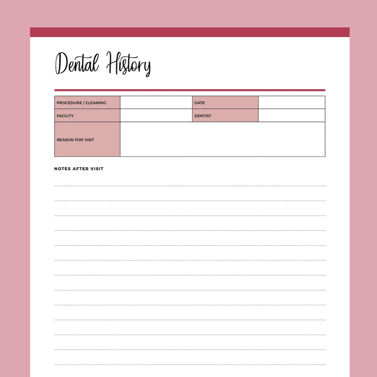 Dental History Template Printable | Instant Download PDF – Plan Print Land for Free Printable Dental Health History Forms