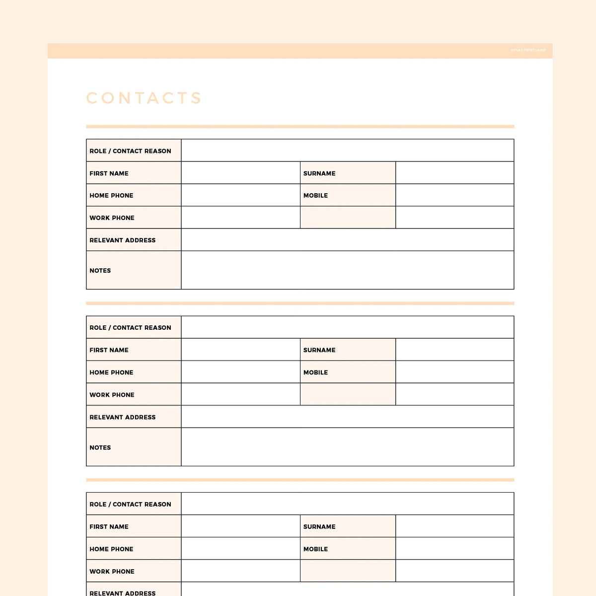 Detailed Contact Information Template Editable Instant Download