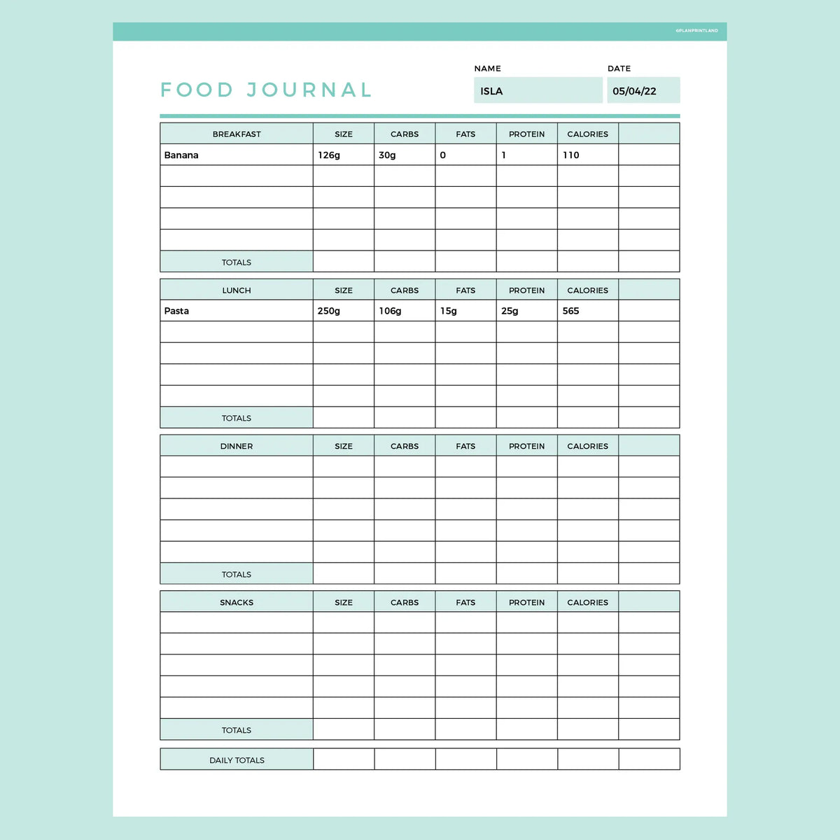 free food journal template