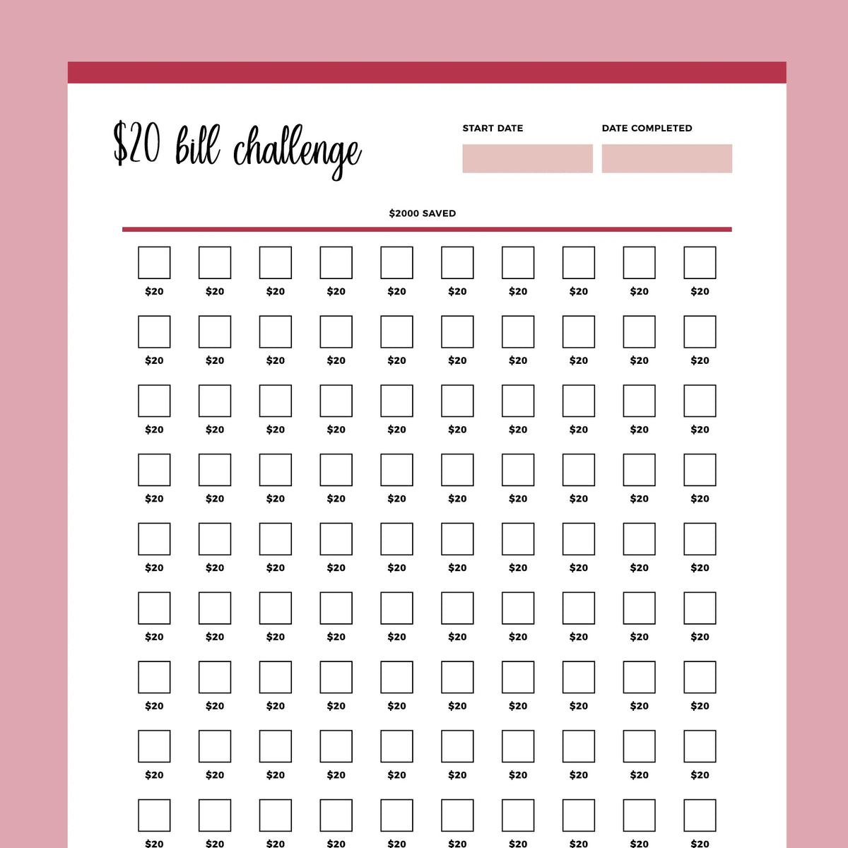 Printable 20 Dollar Bill Savings Challenge Plan Print Land