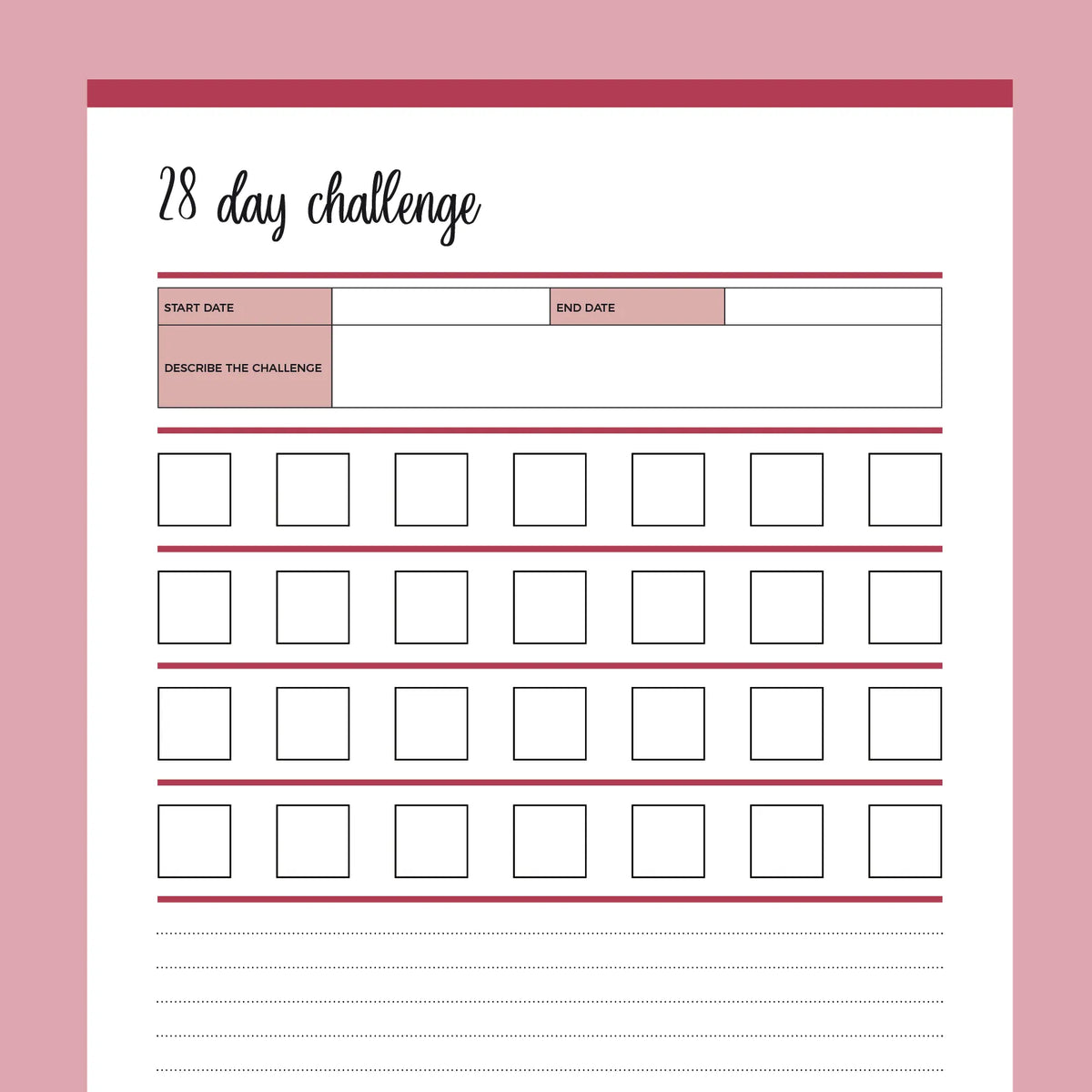 Printable 4 Week 28 Day Challenge Instant Download PDF 8 Colors