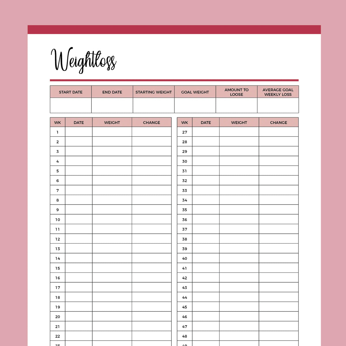Printable 52 Week Weightloss Tracker | Instant download PDF | A4 & US Letter