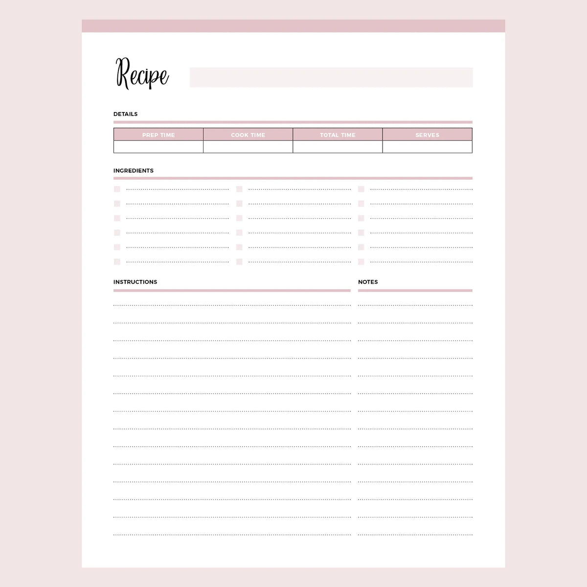 Printable Blank Recipe Template Instant download PDF A4 & US Letter