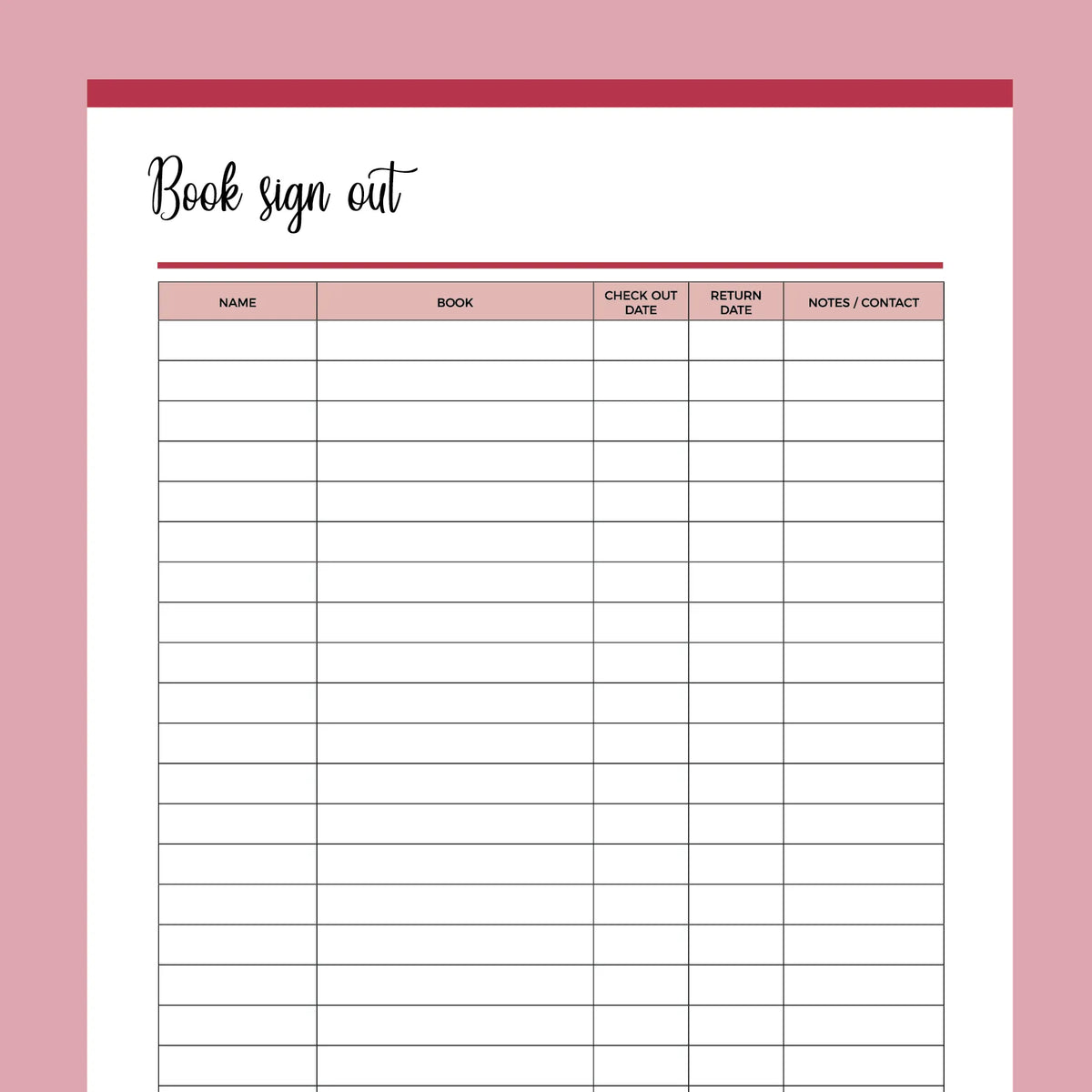 Printable Book Borrowing SignOut Form Instant download PDF A4 & US