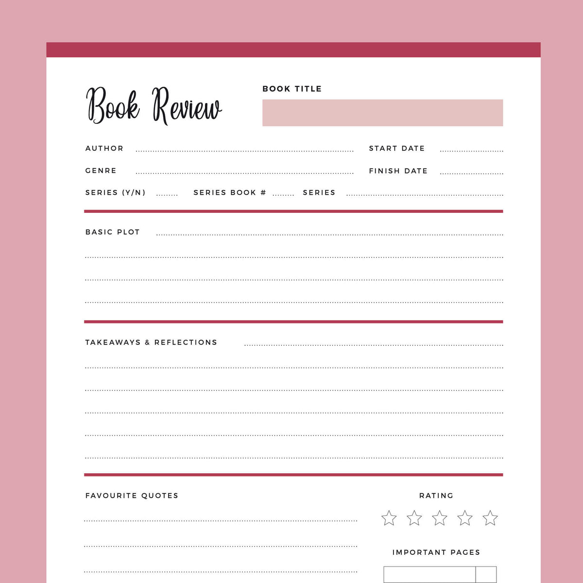 Book Journal Printable PDF, Pink, Reading Journal, Book Review