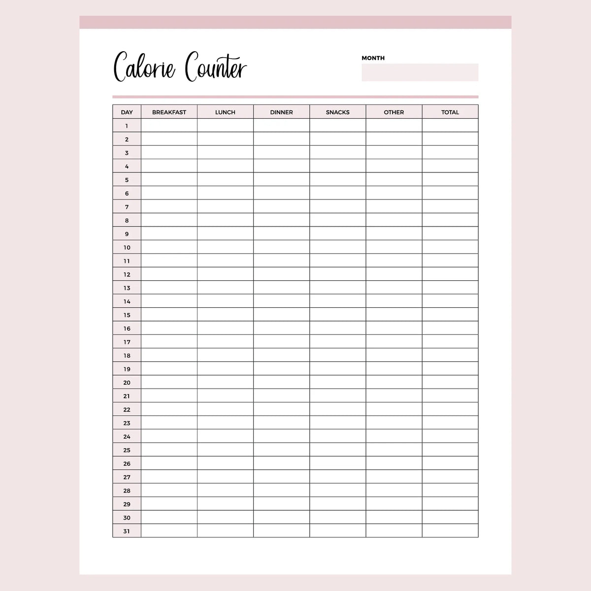 diet counting calories chart