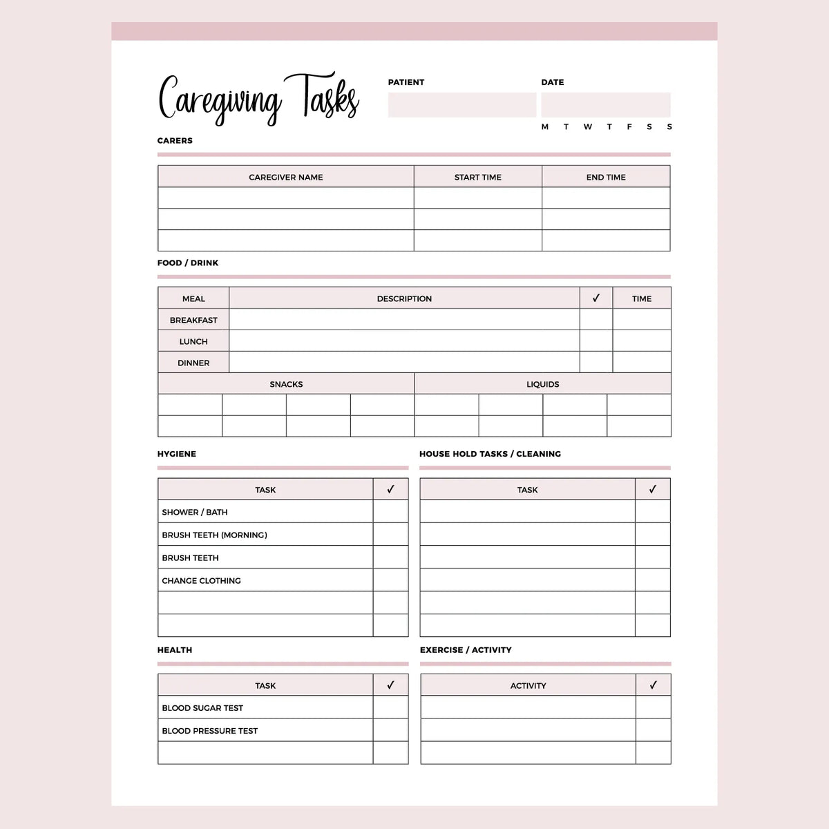 Printable Caregiving Daily Task Checklist Instant download PDF A4