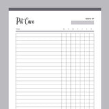 Printable Daily Pet Care Chart - Grey