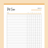 Printable Daily Pet Care Chart - Orange