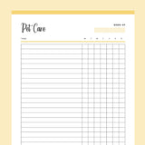 Printable Daily Pet Care Chart - Yellow