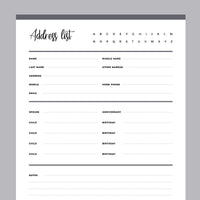 Printable Detailed Adress Book Template - Grey