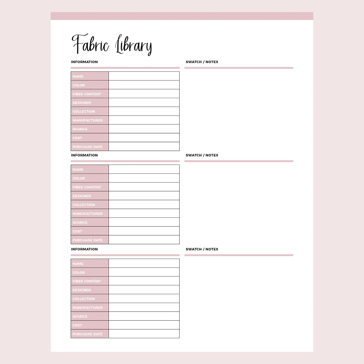 Printable Fabric Library | Instant download PDF | A4 &amp; US Letter – Plan ...