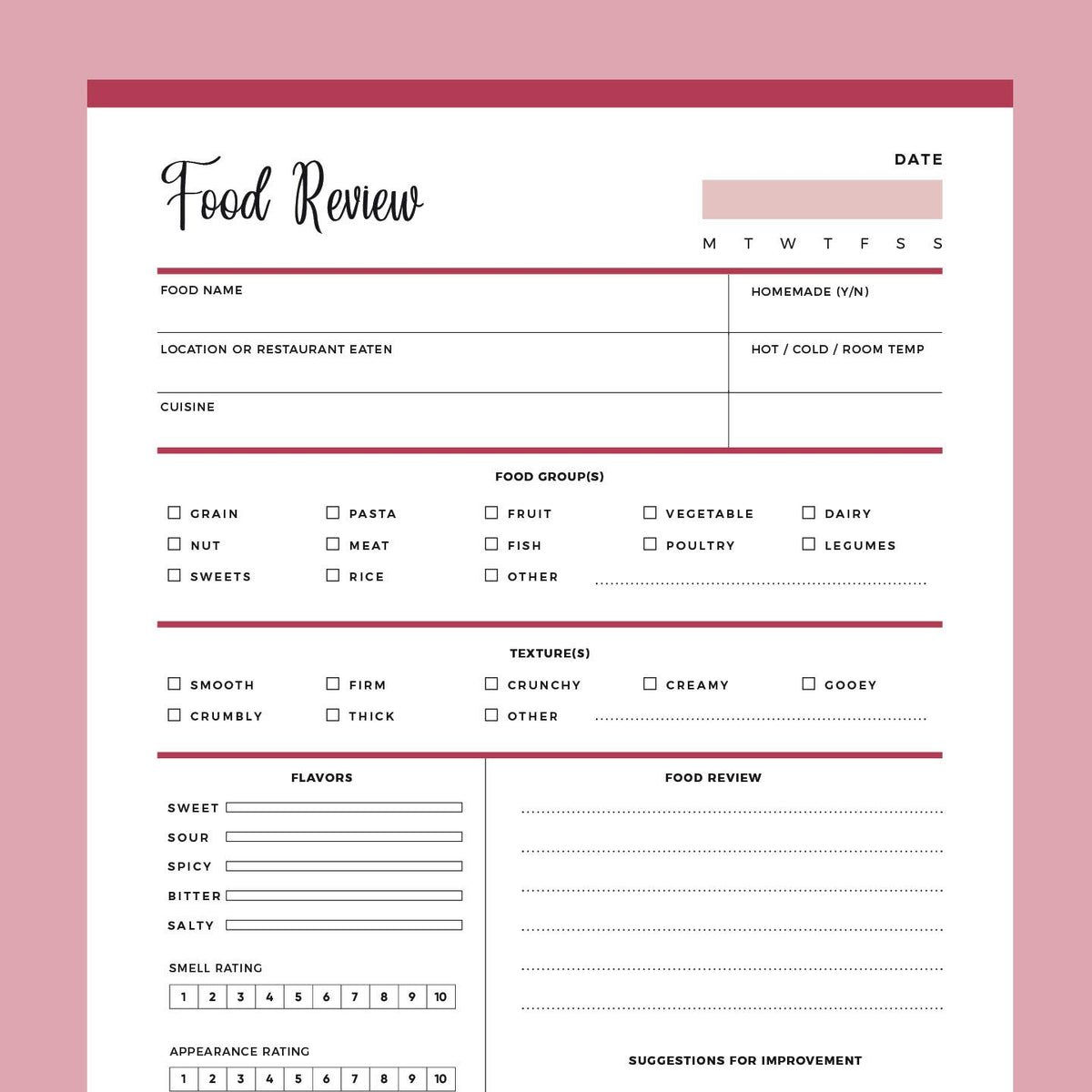 Printable Food Review Template Plan Print Land