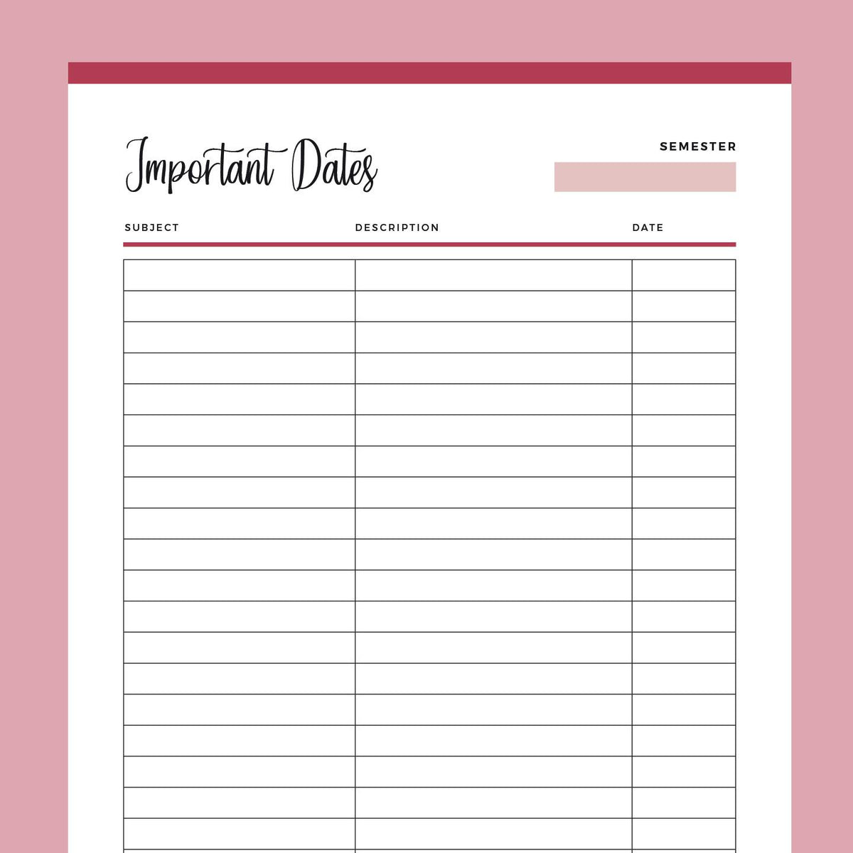 Important Dates Printable