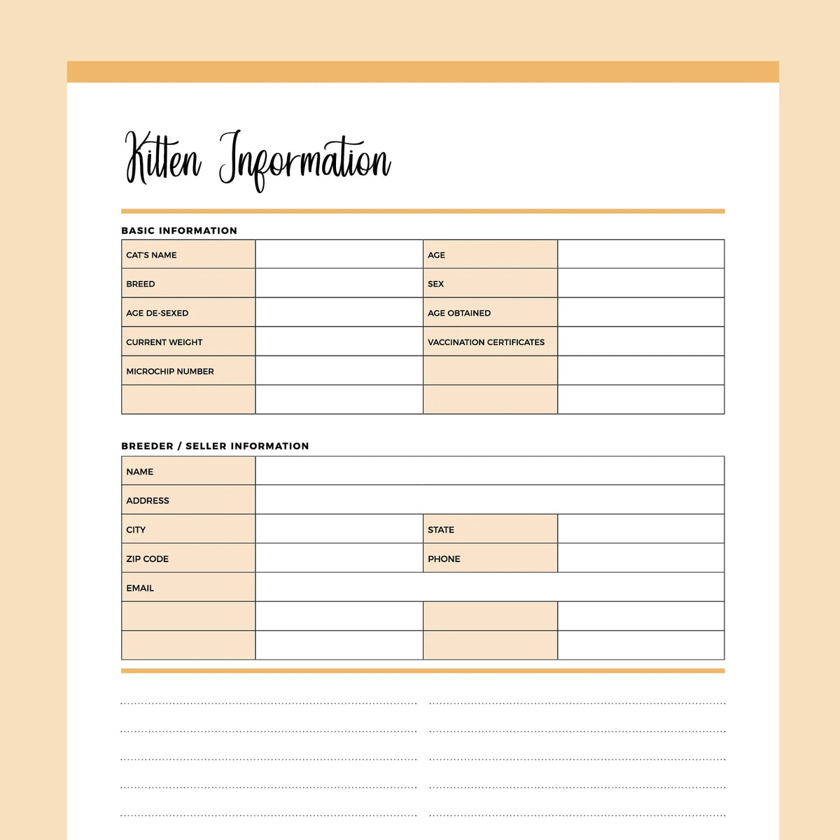 Printable Kitten Information Template | Instant download PDF | A4 &amp; US ...