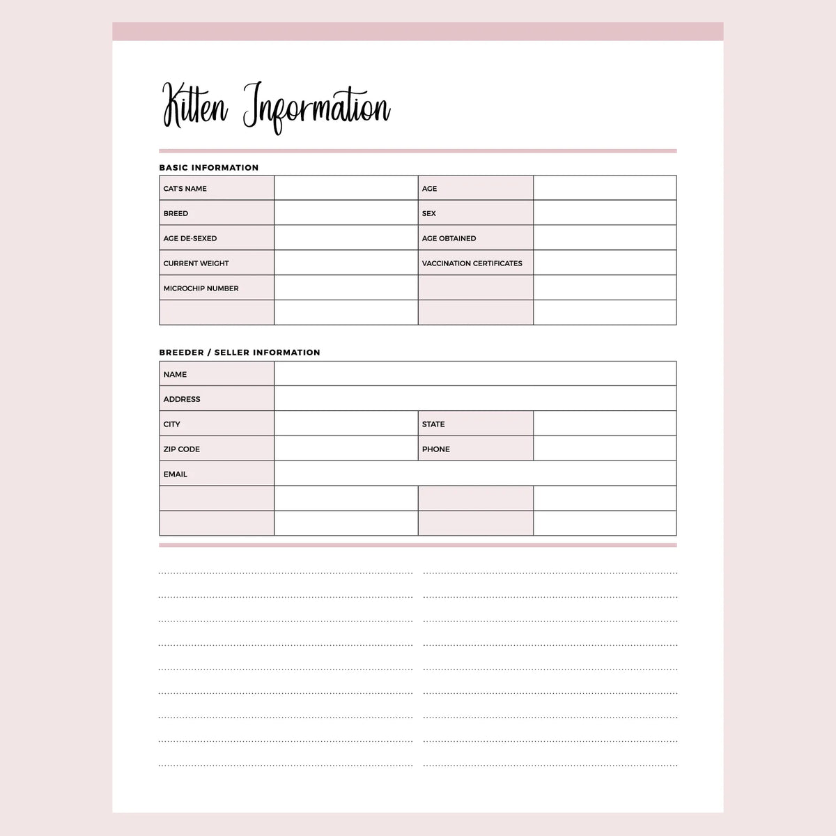 Printable Kitten Information Template, Instant download PDF