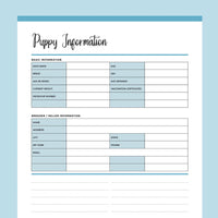 Printable New Puppy Information Template - Blue