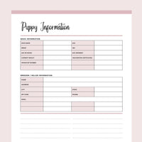 Printable New Puppy Information Template - Pink