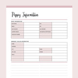 Printable New Puppy Information Template - Pink