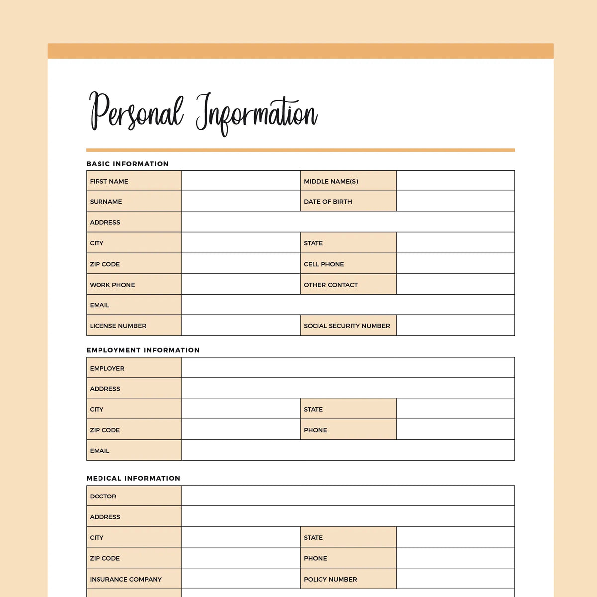 Printable Personal Information Template Instant Download PDF Plan Printable Personal Information Template Instant Download PDF Plan