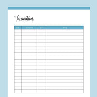 Printable Pet Vaccination Record - Blue