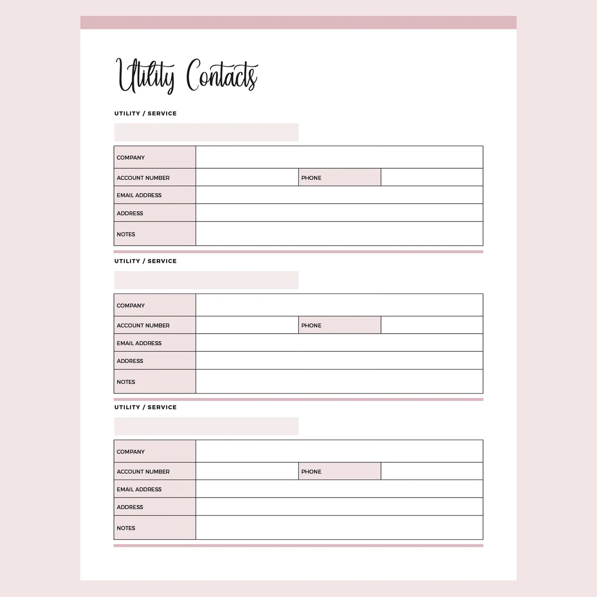Printable Utility Contacts Template | Instant Download PDF – Plan Print ...