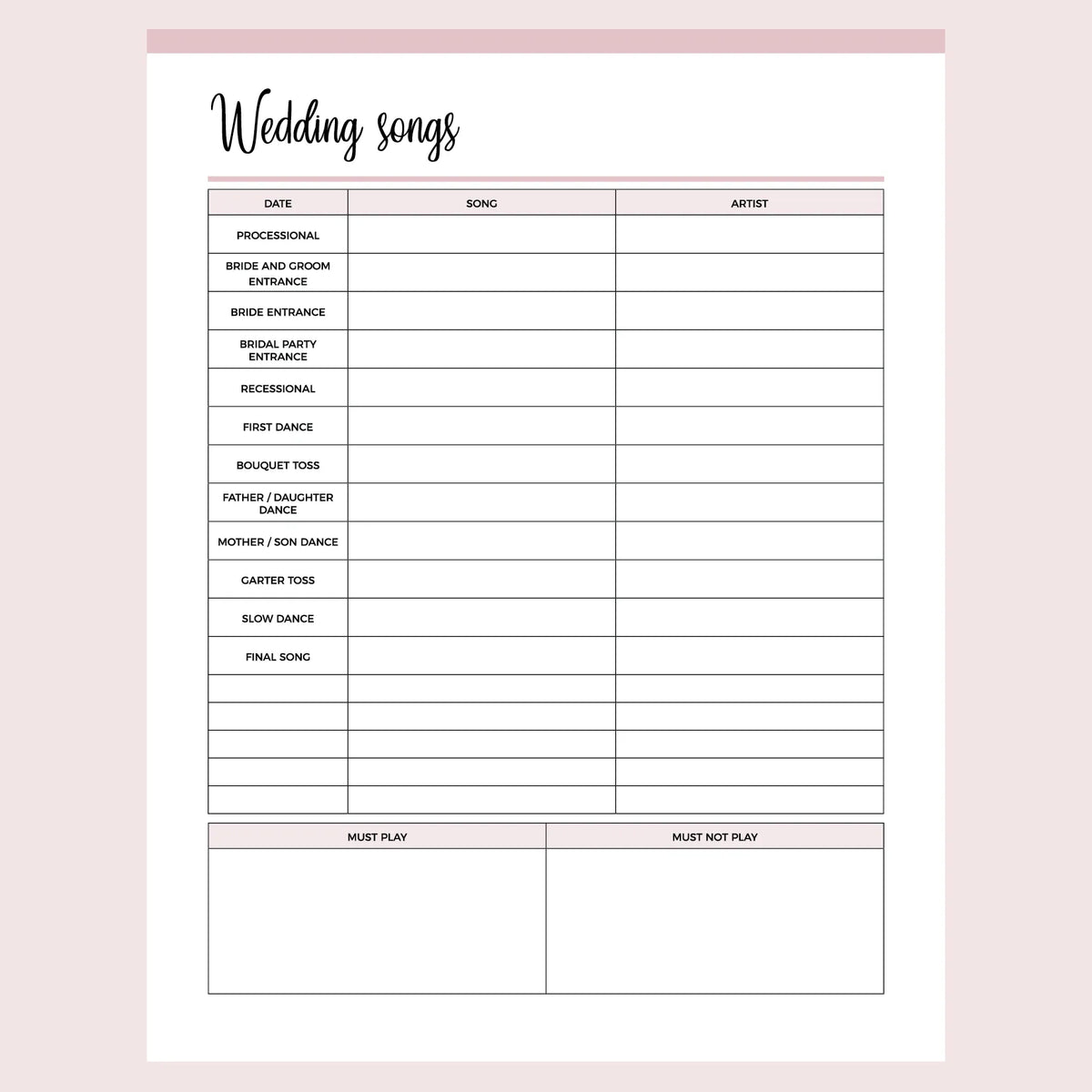 Printable Wedding Song Planner, Instant download PDF