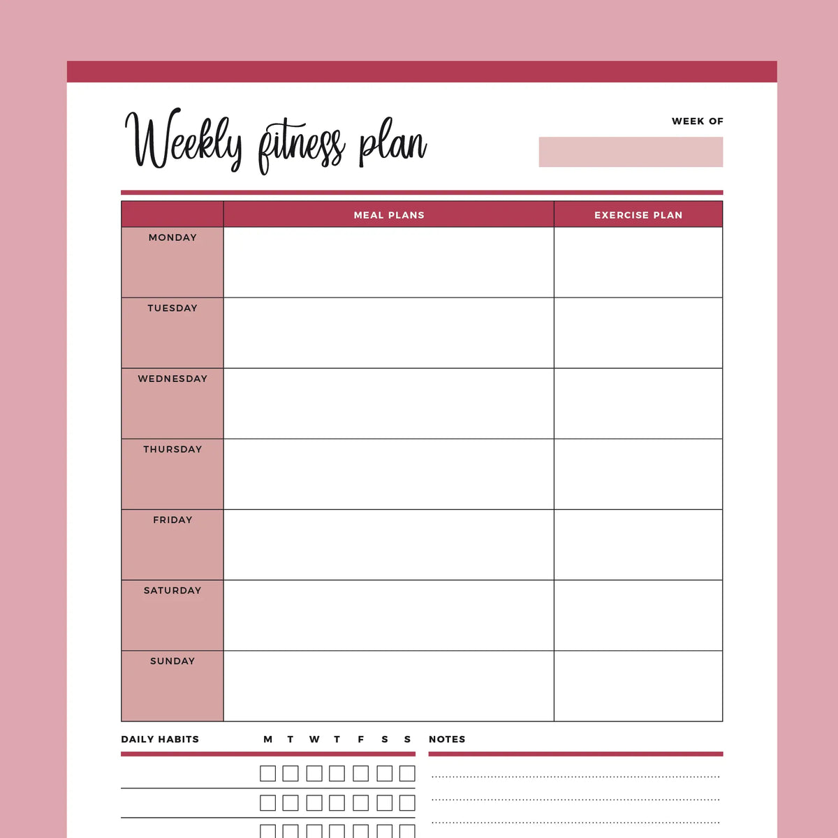Weekly Fitness Planner Printable, Exercise Journal Workout Log 
