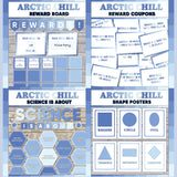 Blue printable reward and incentive board, reward coupons, science is about subject poster and classroom shape posters