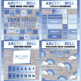 Blue printable take what you need board, daily schedule cards, waiting room display and welcome back rainbow bulletin board