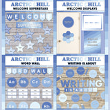 Blue printable welcome superstars board, welcome to our class door display, word wall cards and writing is about subject poster