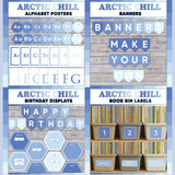 Blue printable alphabet wall posters, make your own classroom banners, class birthday display and book bin labels