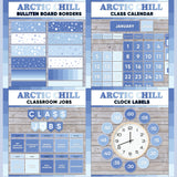 Blue printable bulletin board borders, interactive class calendar, classroom jobs chart and analogue clock labels