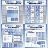 Blue printable computer shortcut posters, CUBES maths strategy display, days in school counter and division table charts