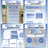 Blue printable drawer cart labels, flip calendar, fraction posters and growth mindset bulletin board display