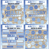 Blue printable subject posters for health, history and maths with it's okay to classroom bulletin board