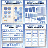 Blue printable morning greeting door choices, multiplication chart and posters, classroom number line and number posters 0 to 30