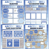 Blue printable objectives bulletin board, our brightest work display, place value posters and reading is about subject poster