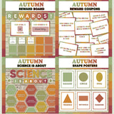Warm fall-toned printable reward and incentive board, reward coupons, science is about subject poster and classroom shape posters