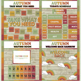 Warm fall-toned printable take what you need board, daily schedule cards, waiting room display and welcome back rainbow bulletin board
