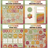 Warm fall-toned printable welcome superstars board, welcome to our class door display, word wall cards and writing is about subject poster