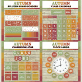 Warm fall-toned printable bulletin board borders, interactive class calendar, classroom jobs chart and analogue clock labels